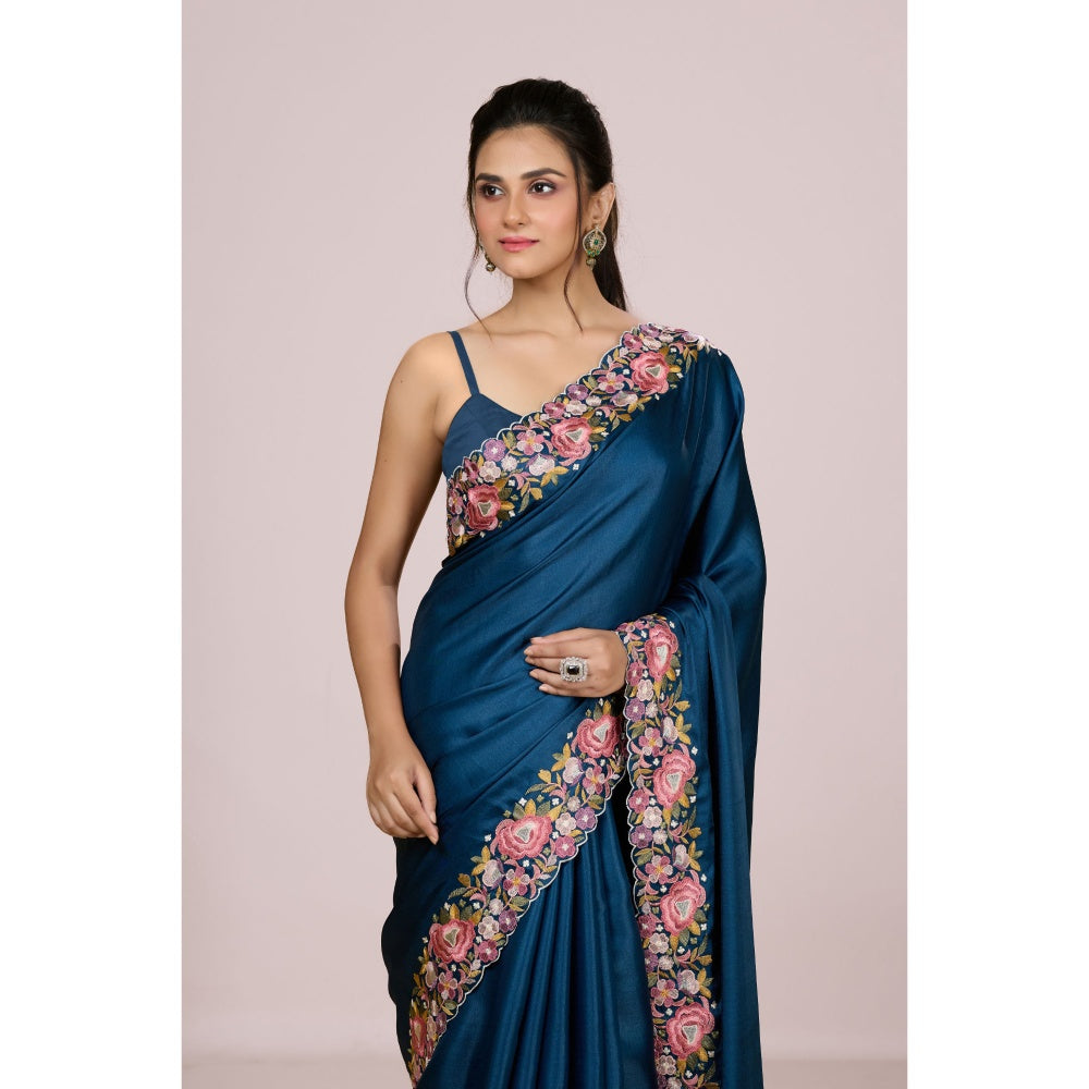 Aparnaa Deep Blue Floral Tussar Silk Saree with Unstitched Blouse