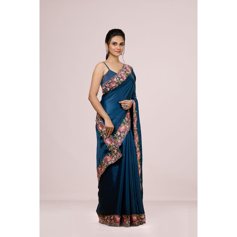 Aparnaa Deep Blue Floral Tussar Silk Saree with Unstitched Blouse