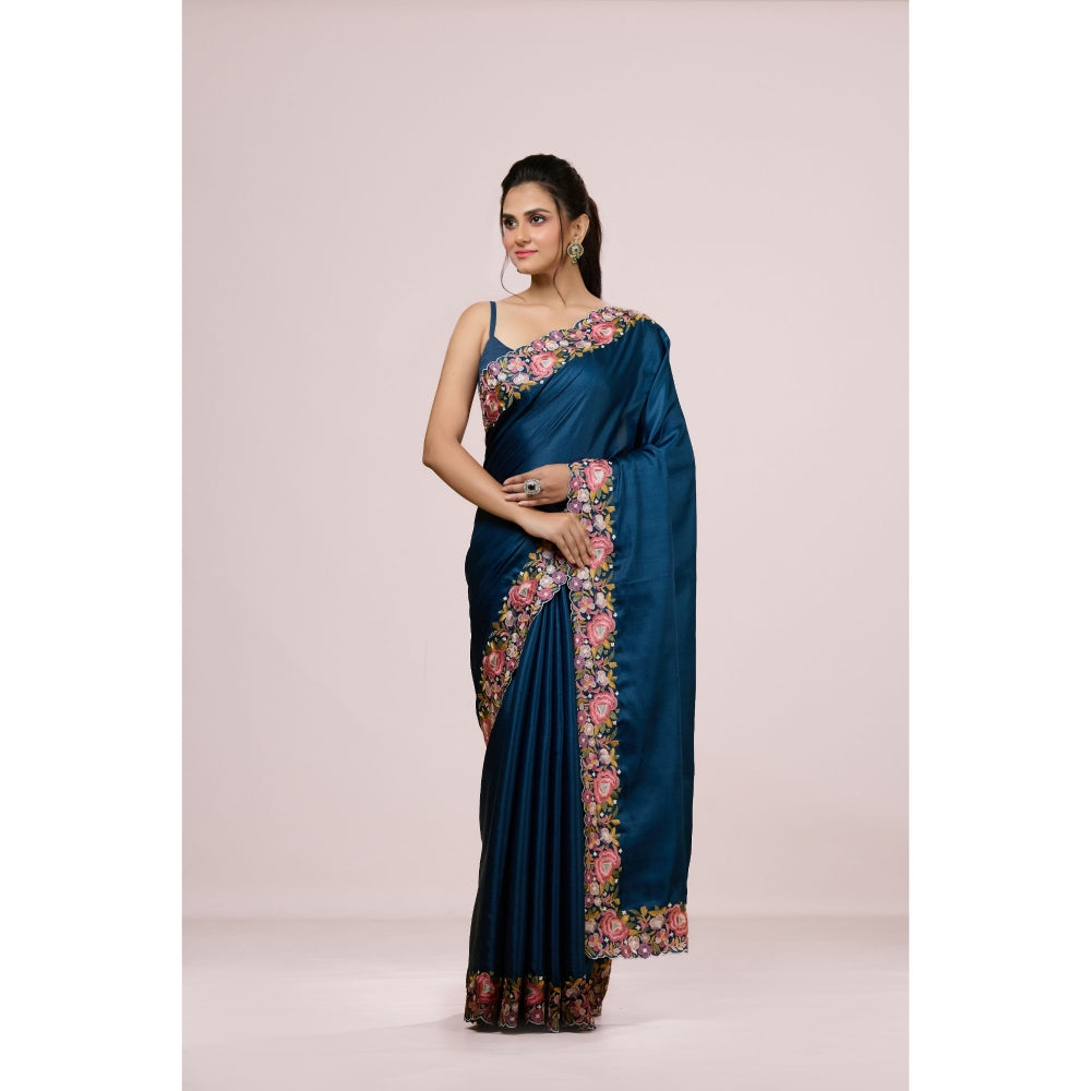 Aparnaa Deep Blue Floral Tussar Silk Saree with Unstitched Blouse