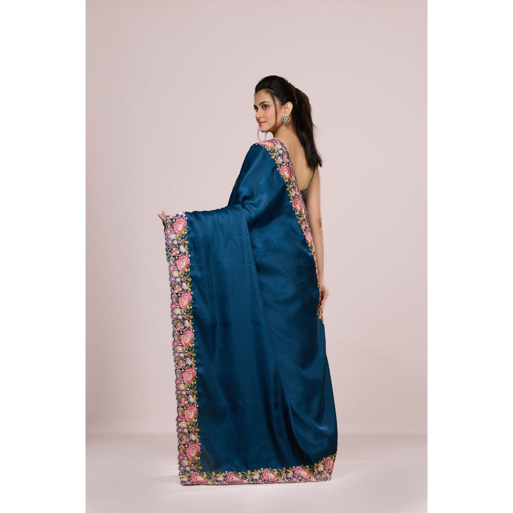 Aparnaa Deep Blue Floral Tussar Silk Saree with Unstitched Blouse