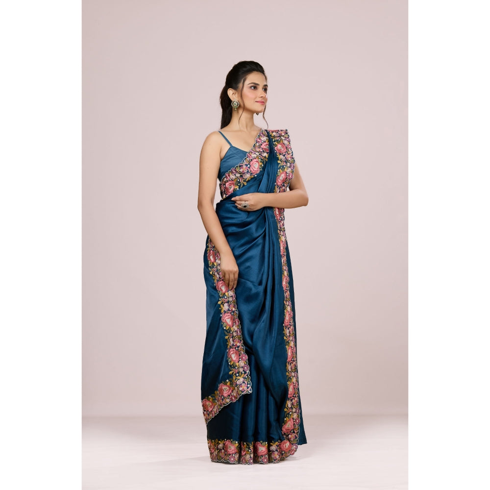 Aparnaa Deep Blue Floral Tussar Silk Saree with Unstitched Blouse