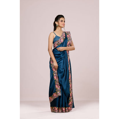 Aparnaa Deep Blue Floral Tussar Silk Saree with Unstitched Blouse