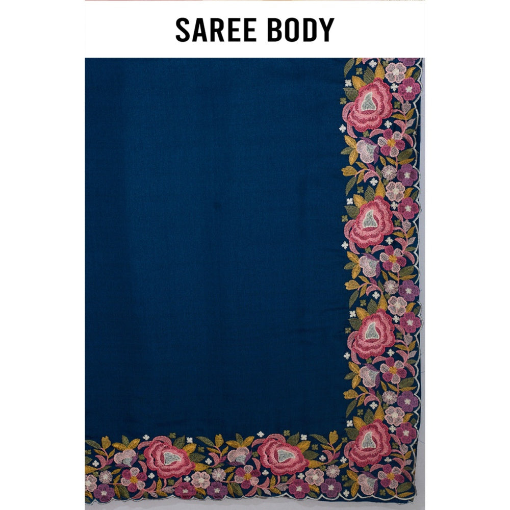 Aparnaa Deep Blue Floral Tussar Silk Saree with Unstitched Blouse