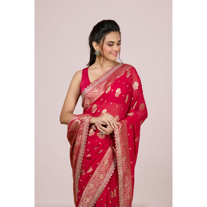 Aparnaa Red Georgette Zari Weaving Khadi Saree with Unstitched Blouse