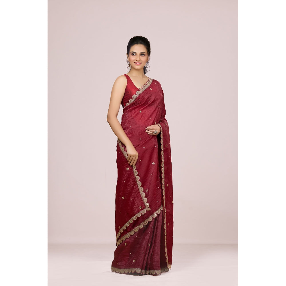 Aparnaa Maroon Embroidered Scallop Border Crush Tissue Saree with Unstitched Blouse