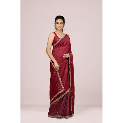 Aparnaa Maroon Embroidered Scallop Border Crush Tissue Saree with Unstitched Blouse
