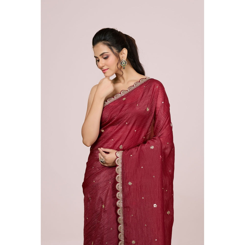 Aparnaa Maroon Embroidered Scallop Border Crush Tissue Saree with Unstitched Blouse