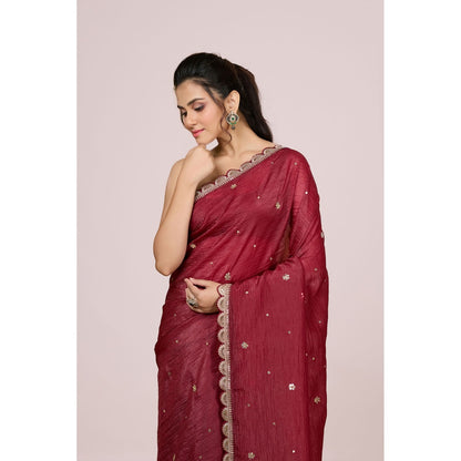 Aparnaa Maroon Embroidered Scallop Border Crush Tissue Saree with Unstitched Blouse