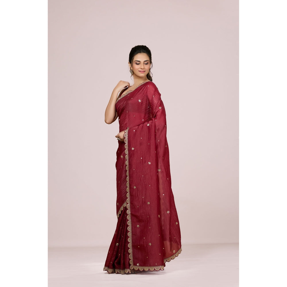 Aparnaa Maroon Embroidered Scallop Border Crush Tissue Saree with Unstitched Blouse