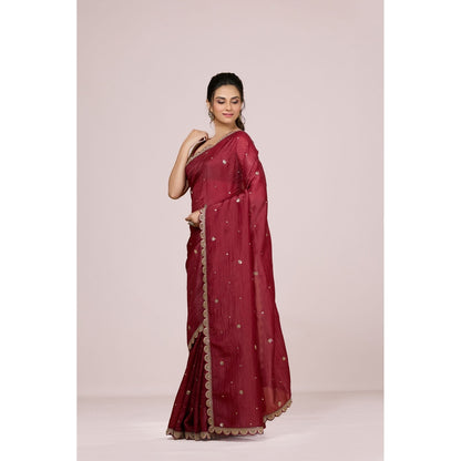 Aparnaa Maroon Embroidered Scallop Border Crush Tissue Saree with Unstitched Blouse