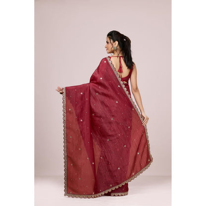 Aparnaa Maroon Embroidered Scallop Border Crush Tissue Saree with Unstitched Blouse