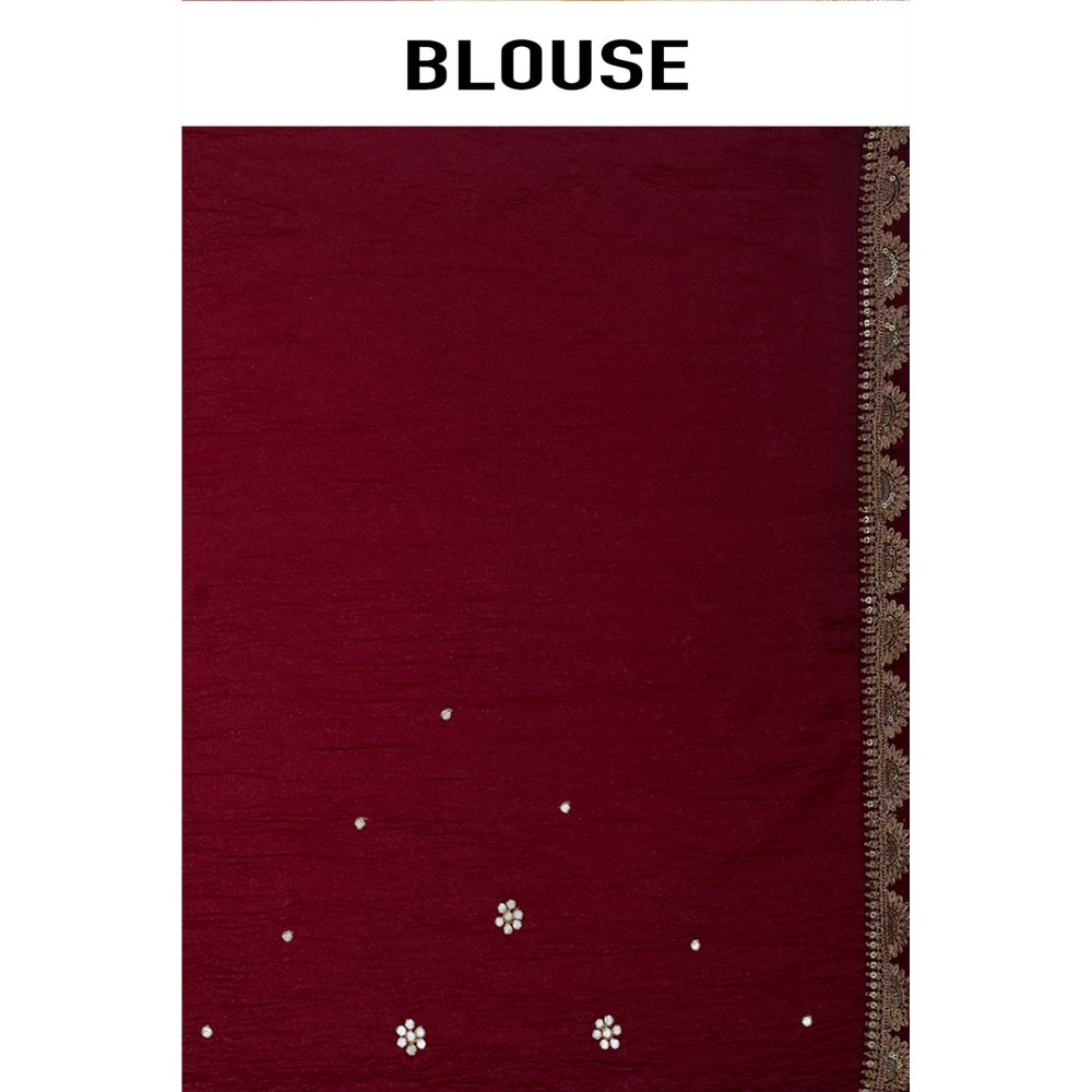 Aparnaa Maroon Embroidered Scallop Border Crush Tissue Saree with Unstitched Blouse