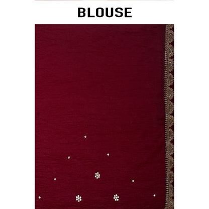 Aparnaa Maroon Embroidered Scallop Border Crush Tissue Saree with Unstitched Blouse