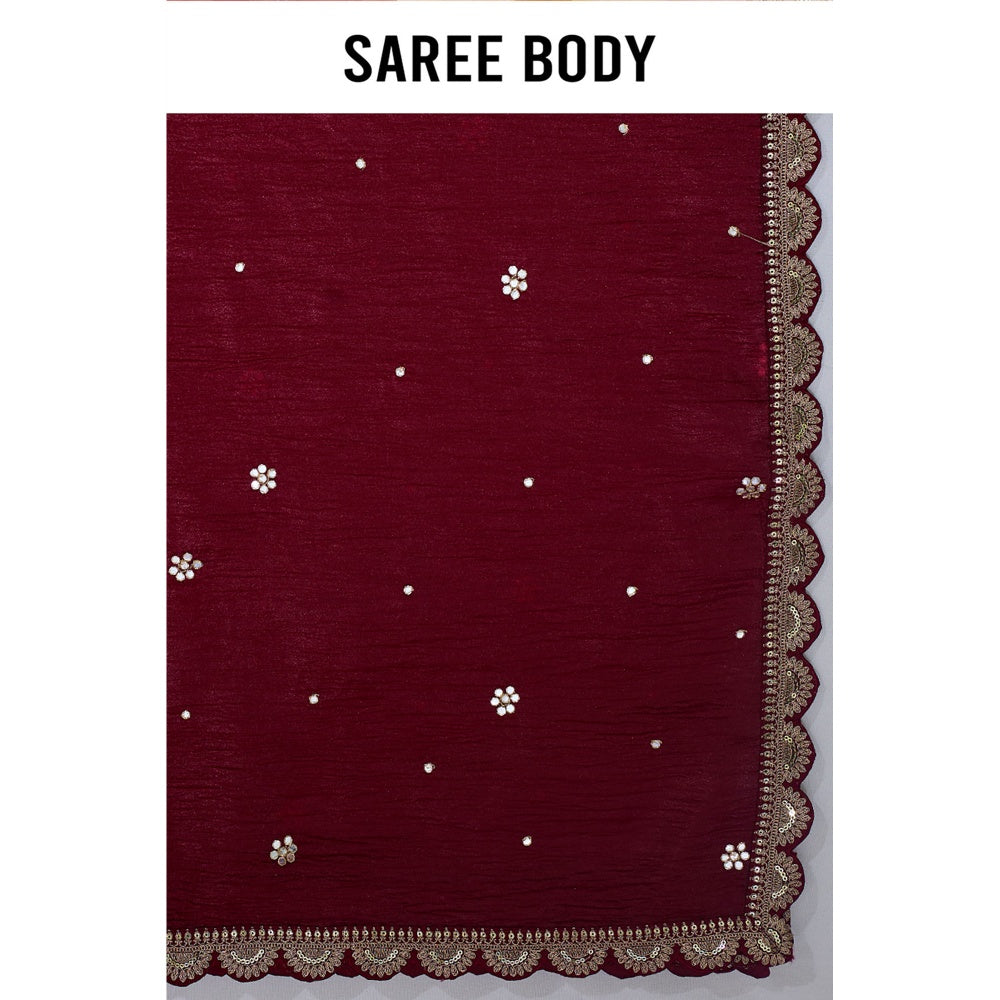 Aparnaa Maroon Embroidered Scallop Border Crush Tissue Saree with Unstitched Blouse