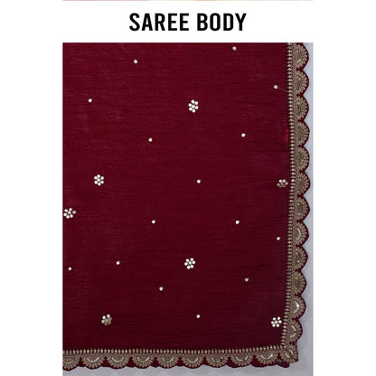 Aparnaa Maroon Embroidered Scallop Border Crush Tissue Saree with Unstitched Blouse