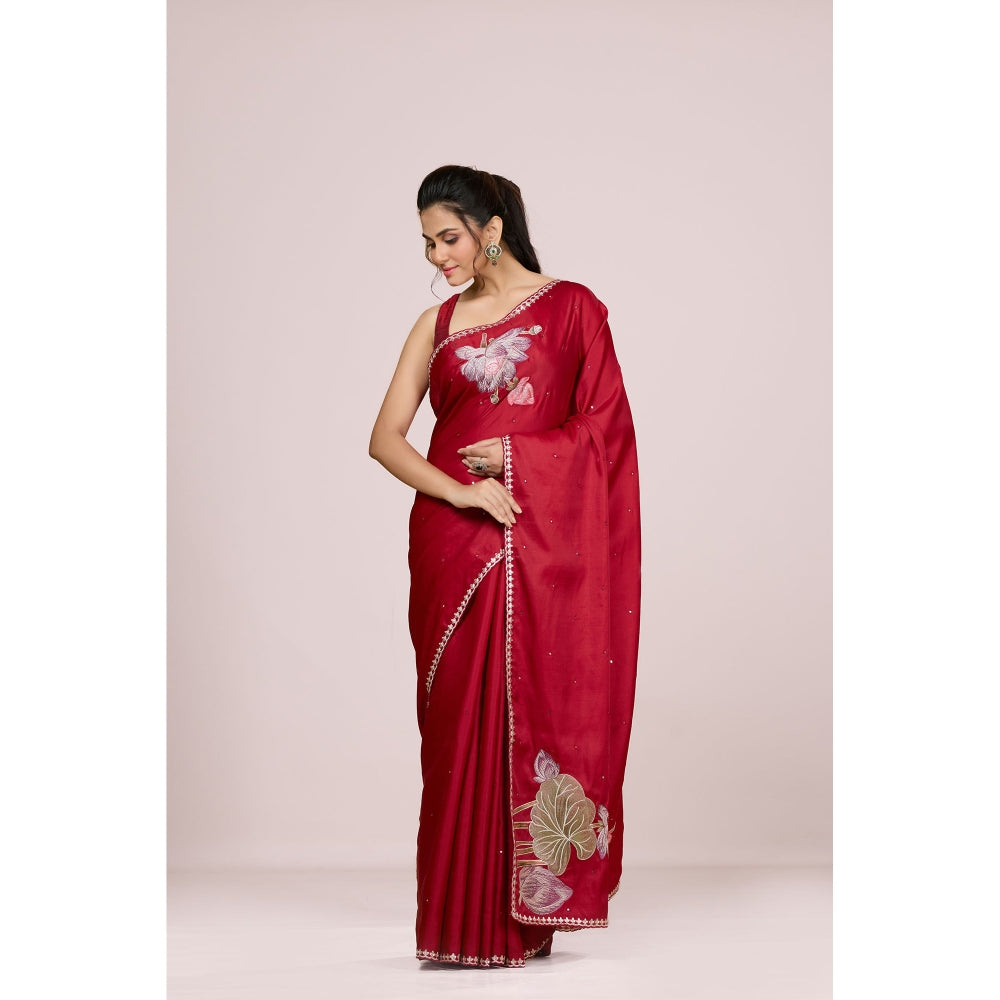 Aparnaa Red Lotus Embroidery On Pallu Tussar Silk Saree with Unstitched Blouse