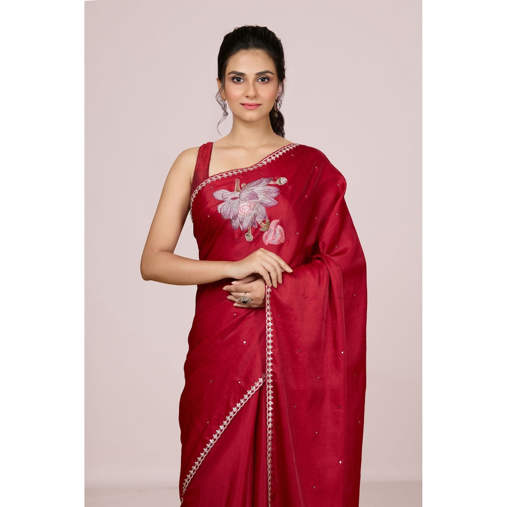 Aparnaa Red Lotus Embroidery On Pallu Tussar Silk Saree with Unstitched Blouse