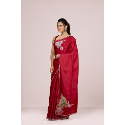 Aparnaa Red Lotus Embroidery On Pallu Tussar Silk Saree with Unstitched Blouse