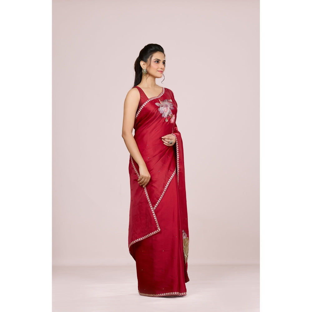 Aparnaa Red Lotus Embroidery On Pallu Tussar Silk Saree with Unstitched Blouse