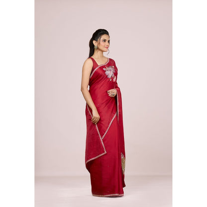 Aparnaa Red Lotus Embroidery On Pallu Tussar Silk Saree with Unstitched Blouse