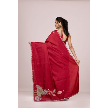 Aparnaa Red Lotus Embroidery On Pallu Tussar Silk Saree with Unstitched Blouse