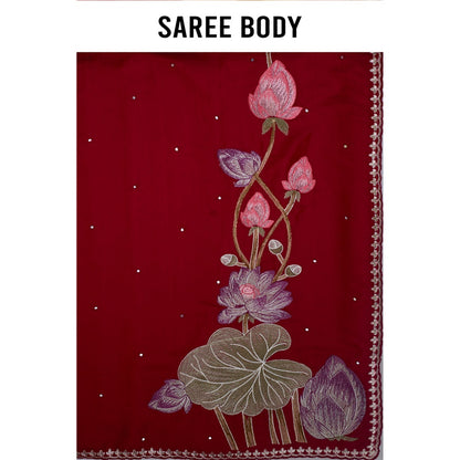 Aparnaa Red Lotus Embroidery On Pallu Tussar Silk Saree with Unstitched Blouse