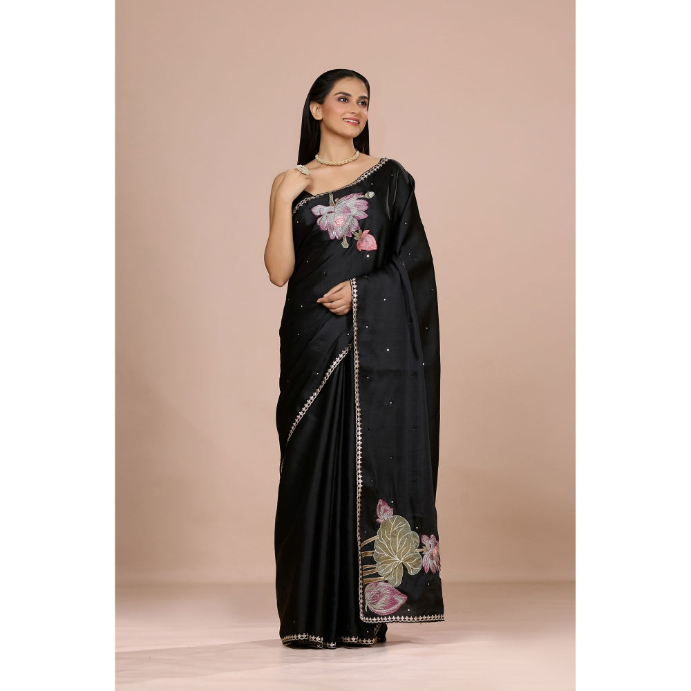Aparnaa Black Lotus Embroidery On Pallu Tussar Silk Saree with Unstitched Blouse