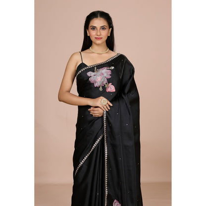 Aparnaa Black Lotus Embroidery On Pallu Tussar Silk Saree with Unstitched Blouse