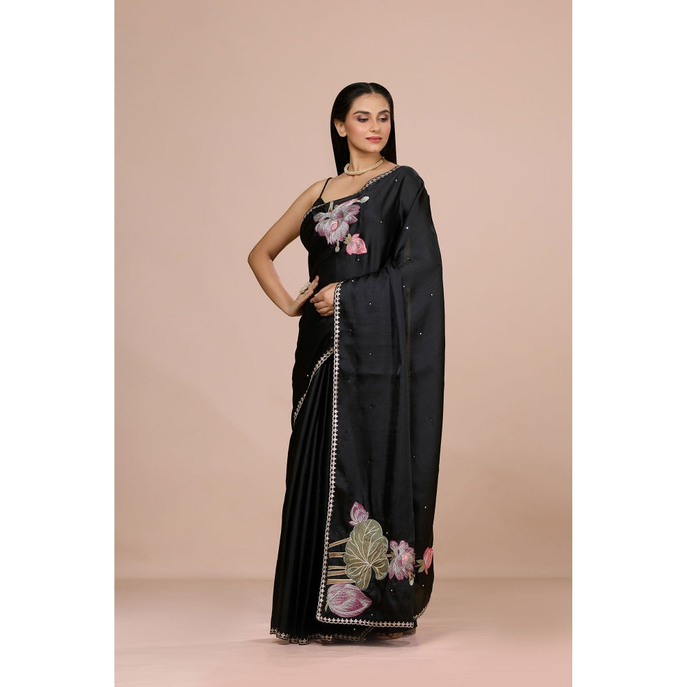 Aparnaa Black Lotus Embroidery On Pallu Tussar Silk Saree with Unstitched Blouse
