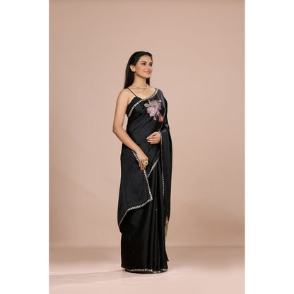Aparnaa Black Lotus Embroidery On Pallu Tussar Silk Saree with Unstitched Blouse