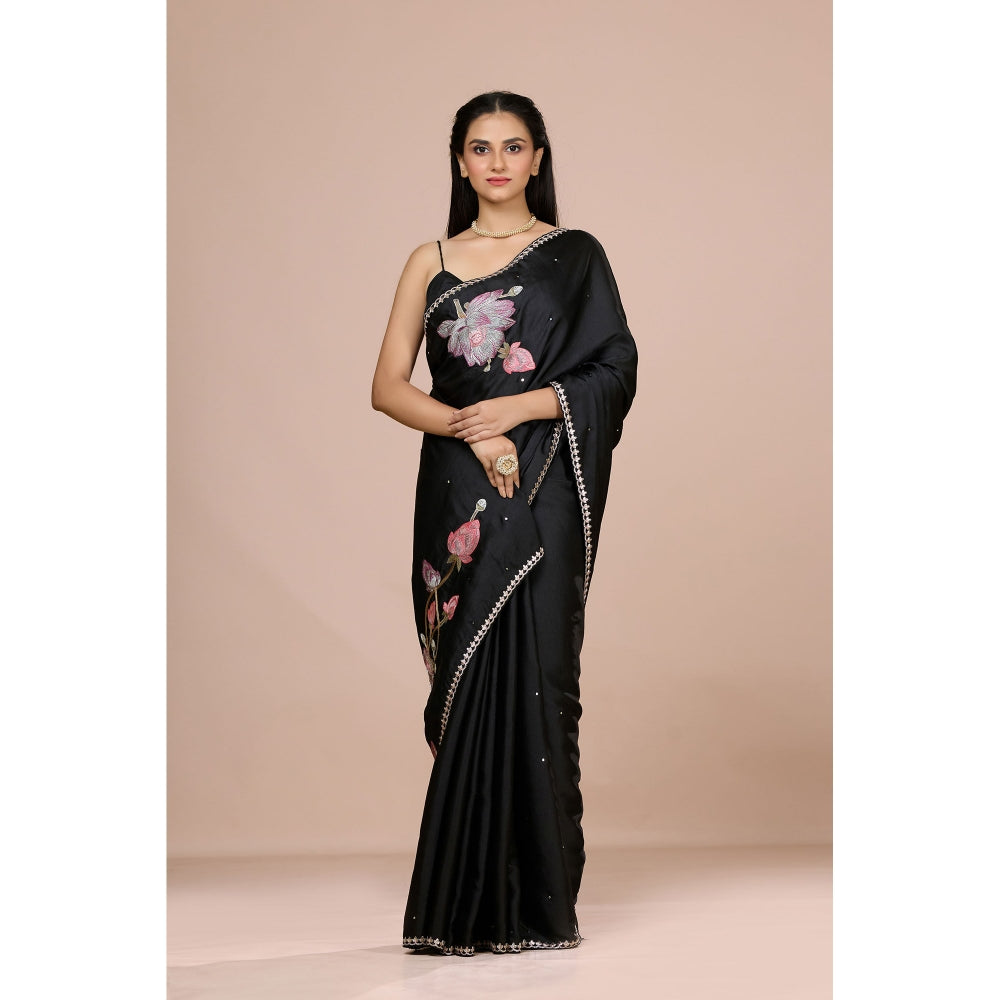 Aparnaa Black Lotus Embroidery On Pallu Tussar Silk Saree with Unstitched Blouse