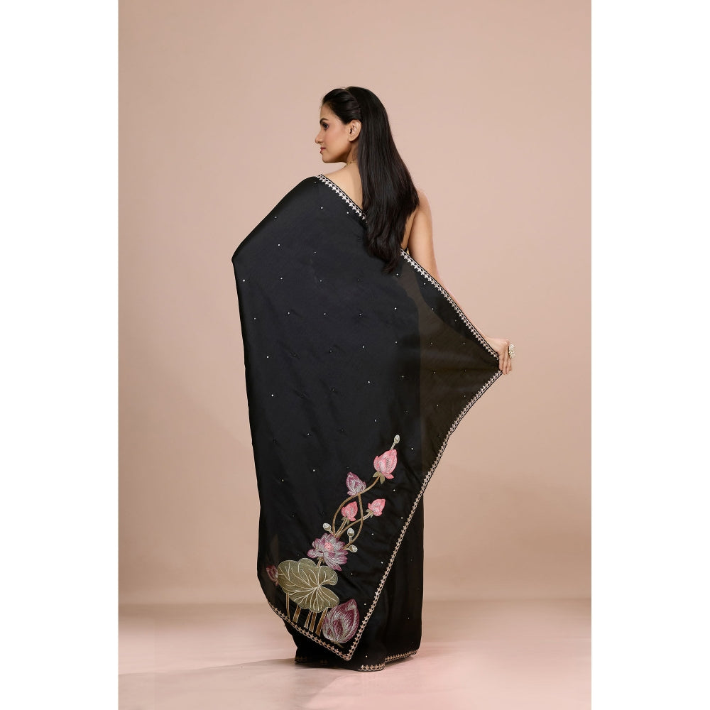 Aparnaa Black Lotus Embroidery On Pallu Tussar Silk Saree with Unstitched Blouse