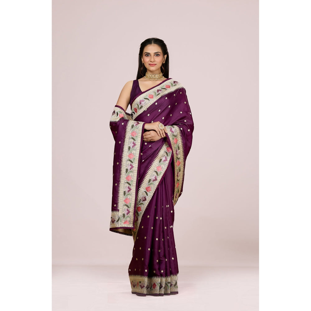 Aparnaa Purple Tussar Silk Floral Embroidered Saree with Unstitched Blouse