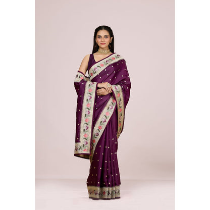 Aparnaa Purple Tussar Silk Floral Embroidered Saree with Unstitched Blouse