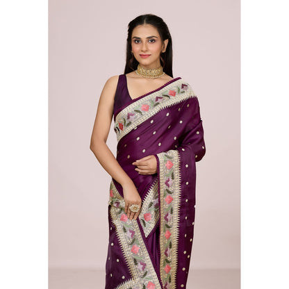 Aparnaa Purple Tussar Silk Floral Embroidered Saree with Unstitched Blouse