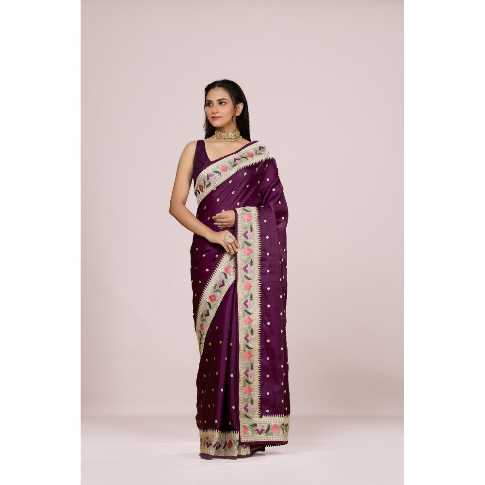 Aparnaa Purple Tussar Silk Floral Embroidered Saree with Unstitched Blouse