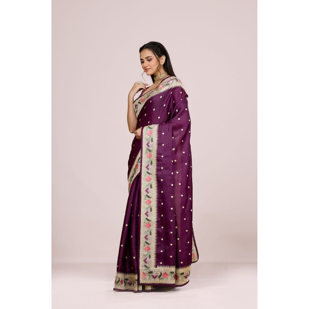 Aparnaa Purple Tussar Silk Floral Embroidered Saree with Unstitched Blouse