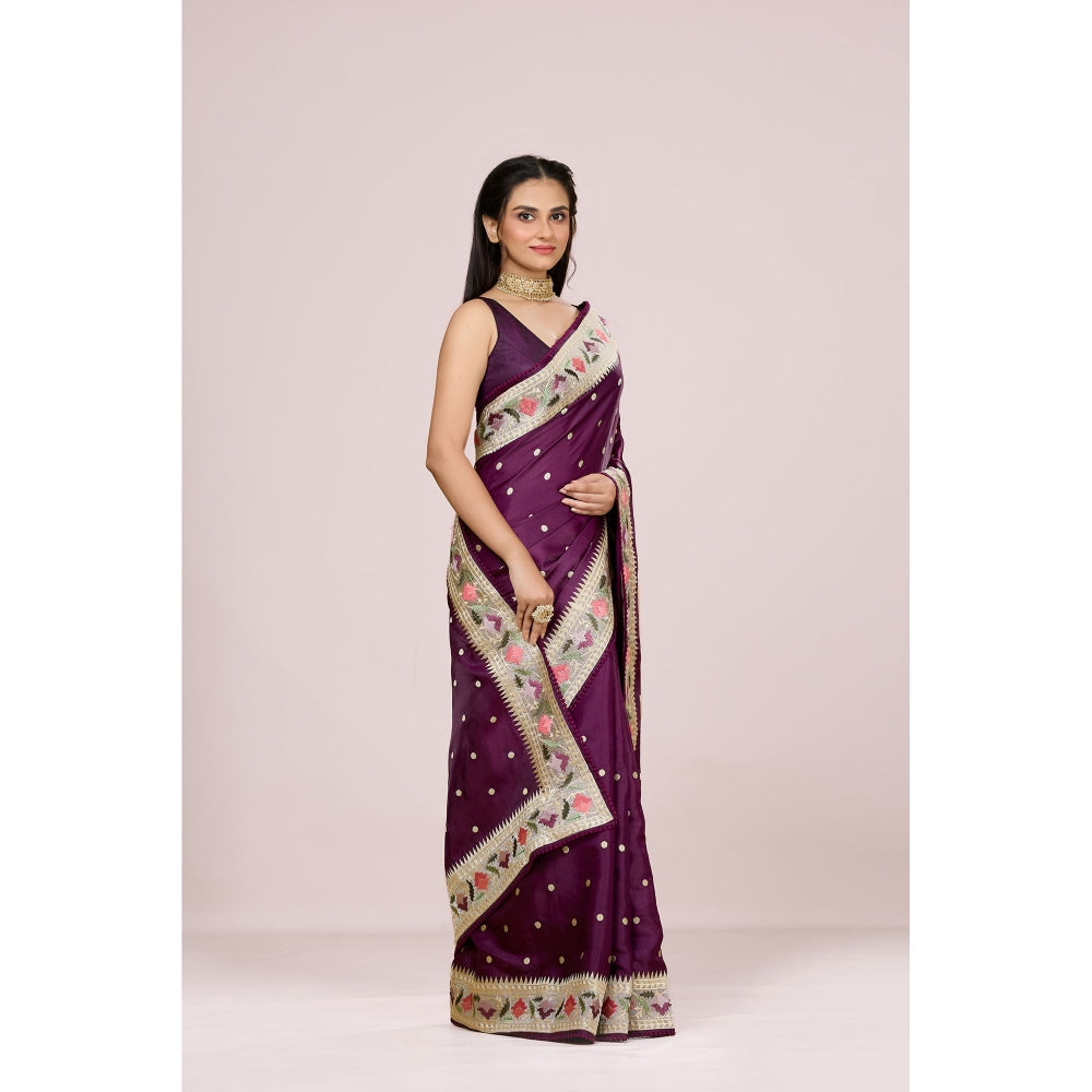 Aparnaa Purple Tussar Silk Floral Embroidered Saree with Unstitched Blouse
