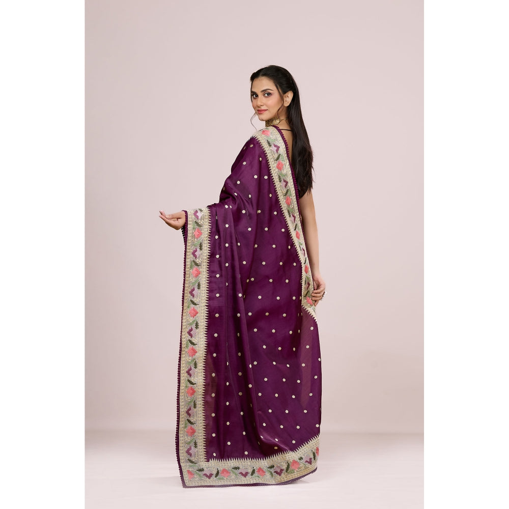 Aparnaa Purple Tussar Silk Floral Embroidered Saree with Unstitched Blouse