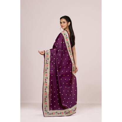 Aparnaa Purple Tussar Silk Floral Embroidered Saree with Unstitched Blouse