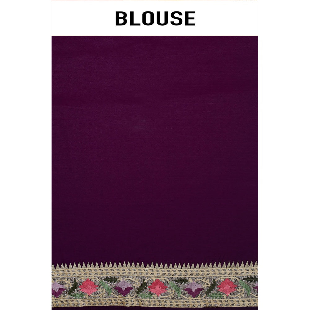 Aparnaa Purple Tussar Silk Floral Embroidered Saree with Unstitched Blouse