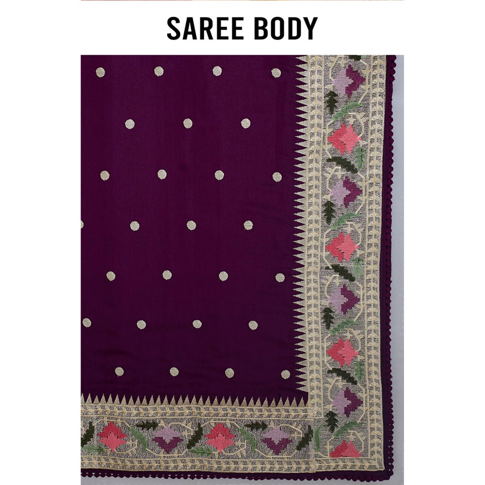 Aparnaa Purple Tussar Silk Floral Embroidered Saree with Unstitched Blouse