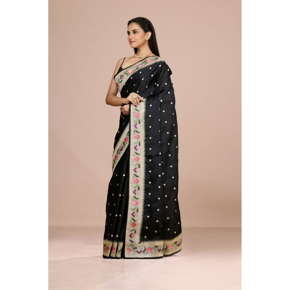 Aparnaa Black Tussar Silk Floral Embroidered Saree with Unstitched Blouse