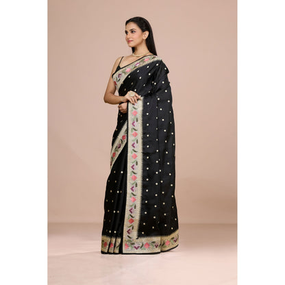 Aparnaa Black Tussar Silk Floral Embroidered Saree with Unstitched Blouse