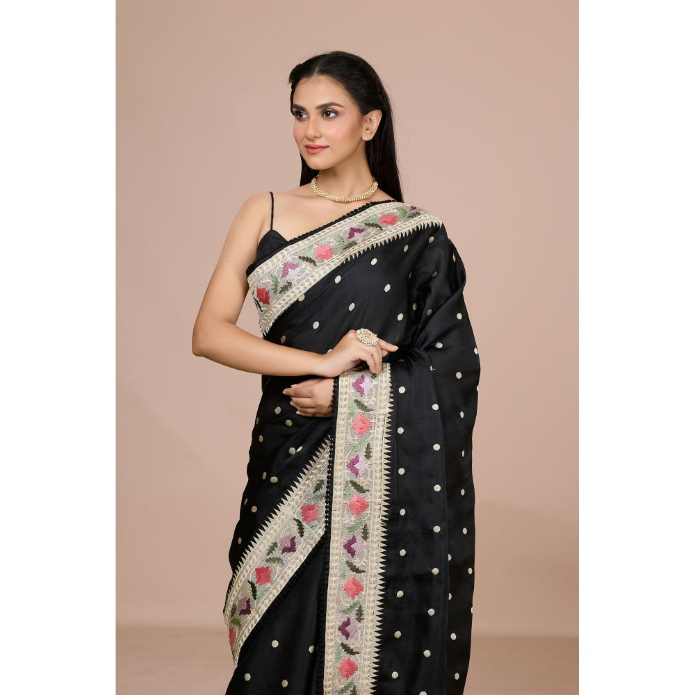 Aparnaa Black Tussar Silk Floral Embroidered Saree with Unstitched Blouse