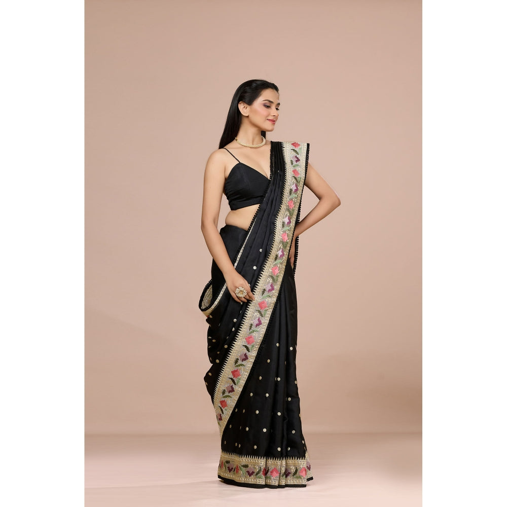 Aparnaa Black Tussar Silk Floral Embroidered Saree with Unstitched Blouse