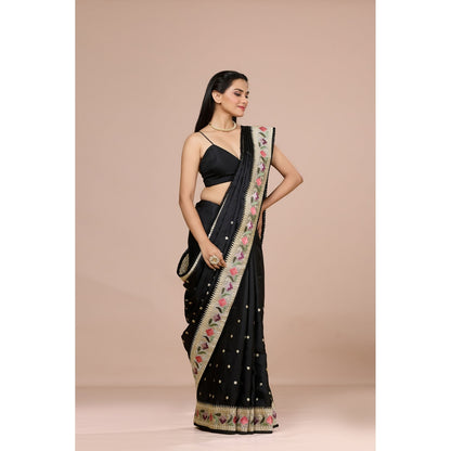 Aparnaa Black Tussar Silk Floral Embroidered Saree with Unstitched Blouse