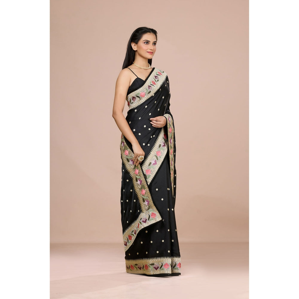Aparnaa Black Tussar Silk Floral Embroidered Saree with Unstitched Blouse