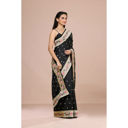 Aparnaa Black Tussar Silk Floral Embroidered Saree with Unstitched Blouse