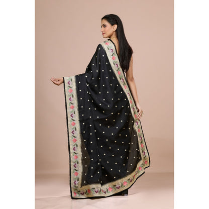Aparnaa Black Tussar Silk Floral Embroidered Saree with Unstitched Blouse